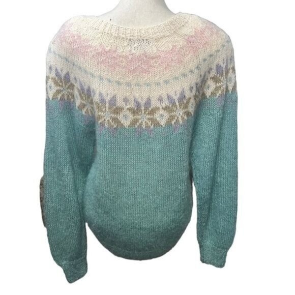 Studio Michelle Stuart Sweater Womens M Teal Mohair Wool Blend Hand Knit Nordic - Picture 2 of 12